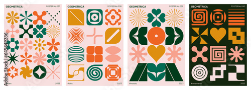 Abstract geometric designs. Set of modern and colorful shapes and symbols. Vector illustration. Trendy backgrounds for poster, cover, landing page, banner and packaging. Neo geo patterns.