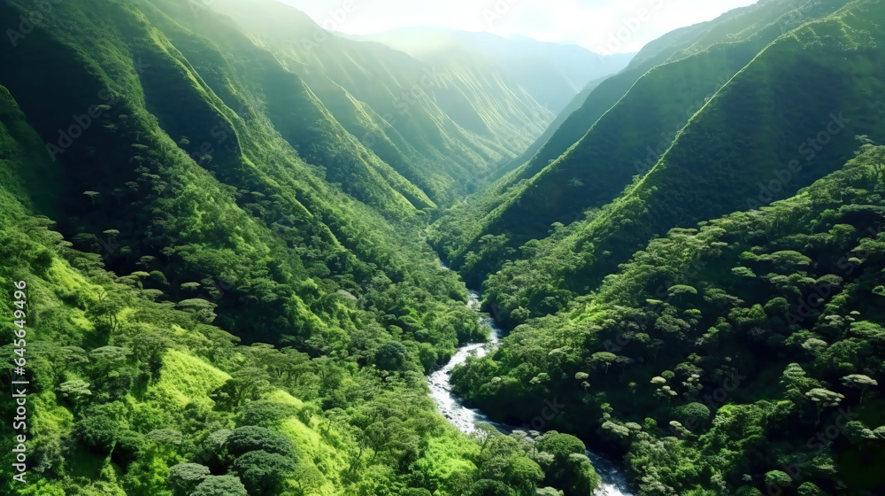 Tropical Cloudy Forest River Between Big Mountains National Park Aerial View