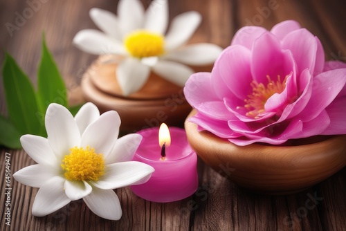 spa still life with pink flowers and candle