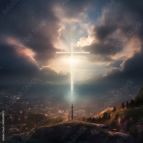 The Holy Cross symbolizing the death and resurrection of Jesus Christ over the sky of Golgotha