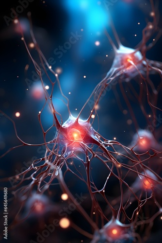 Close-up image of the human brain showing neurons firing and neural extensions. Ai-generated.