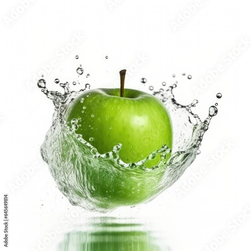 Green apple in water splash on white background