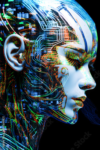 AI-generated humanoid head with vibrant neuron network representing futuristic technology and artificial intelligence photo