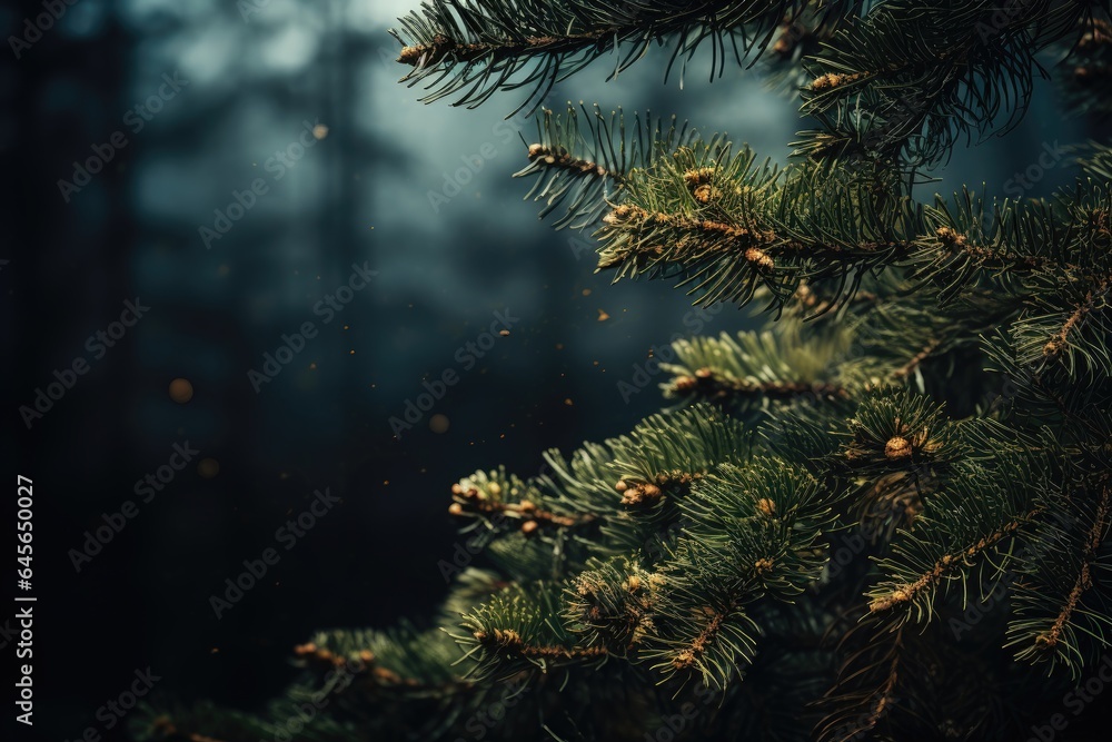 A Christmas background image, offering a close-up view of a Christmas tree, with a blurred forest setting in the background for a touch of natural charm. Photorealistic illustration