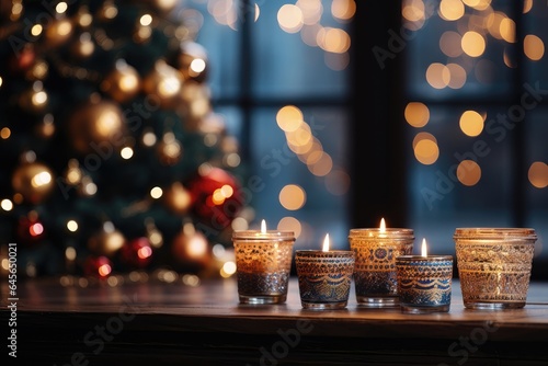 A Christmas background image for creative content with the warm glow of candlelights against a backdrop of a blurred Christmas tree and holiday lights. Photorealistic illustration