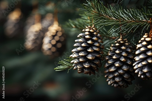 A Christmas background image, showcasing a close-up view of pinecones hanging from lush fir branches, capturing the charm of the holiday season. Photorealistic illustration