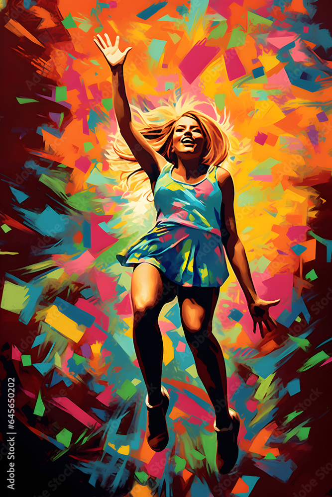 A blonde dancing girl dancing freely and without limits. Colorful abstract background. Pop art style.