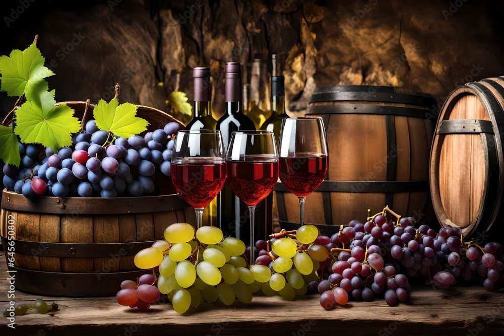 Bottles and wineglasses with grapes and barrel in rural the essence of traditional winemaking and wine tasting