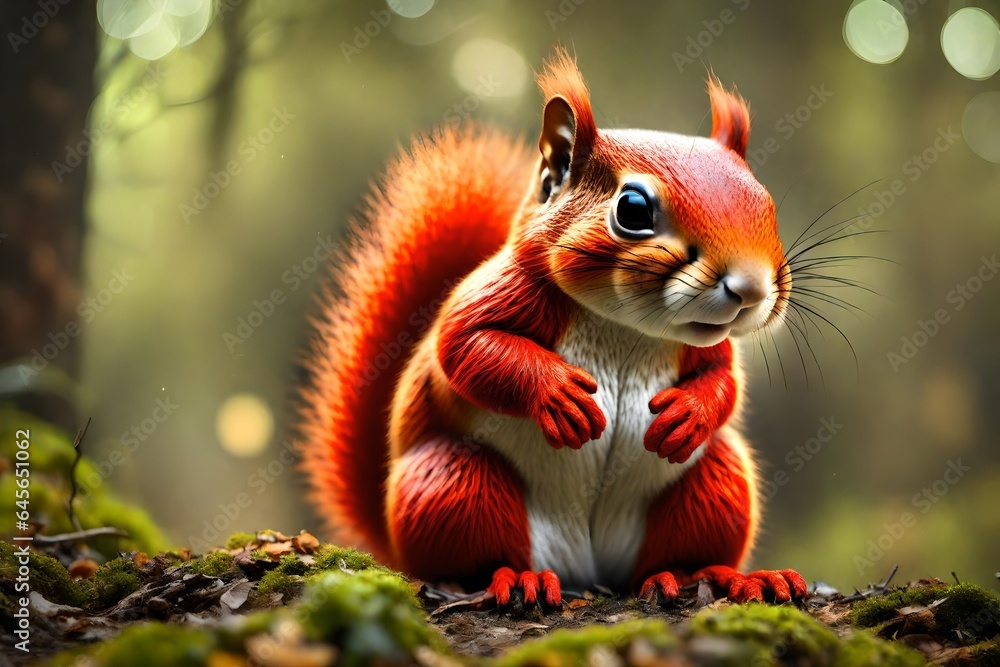 Obraz premium Funny image comes to mind when picturing a red squirrel standing in the forest 