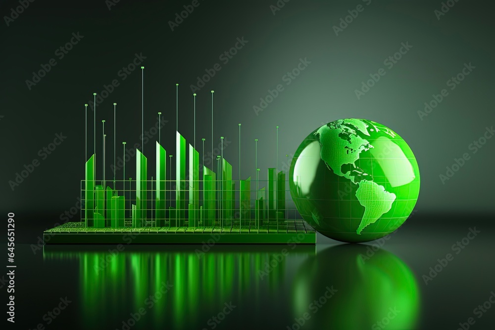 Green Chart with 3D Globe and Abstract Background. Business Accounting Success Concept with Green Growth on Earth Continents