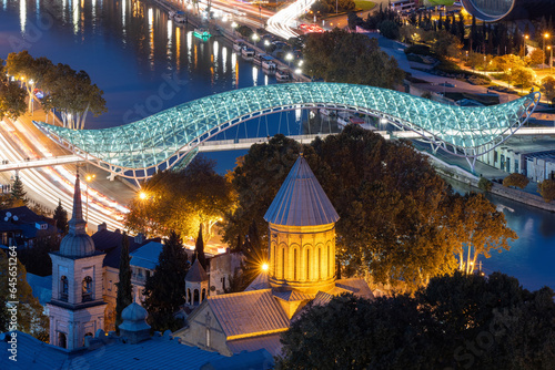 View of Zion Cathedral and Bridge of Peace at night. Tbilisi, Georgia.