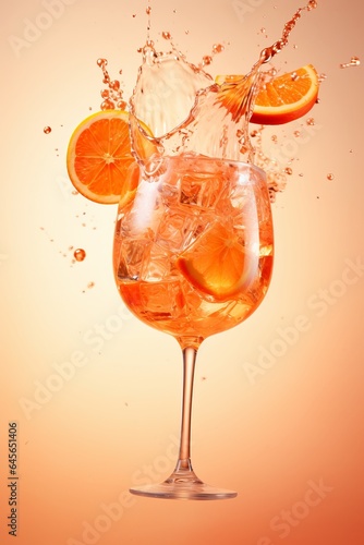 Advertising studio photo of glasses of fresh summer refreshing orange beverage with alcohol and oranges with flying splashes. Food and drink levitation