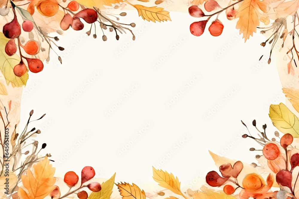 Autumn beauty. Vibrant leaves frame. Nature palette. Fall foliage in watercolor on white background. Leaves border