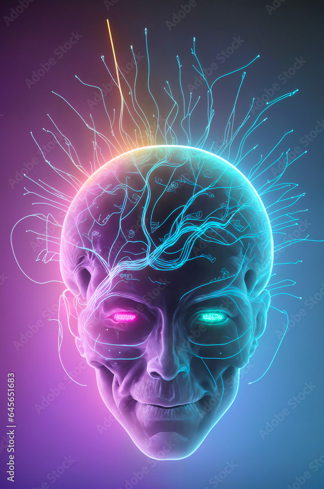 human head with brain, neuronal tendrils - obrazy, fototapety, plakaty 