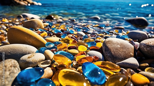 Seaside Colorful Transparent Stones-Pebbles Blue Sea Water at Golden Beach