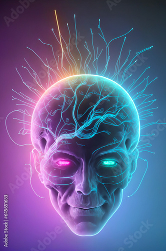 human head with brain, neuronal tendrils