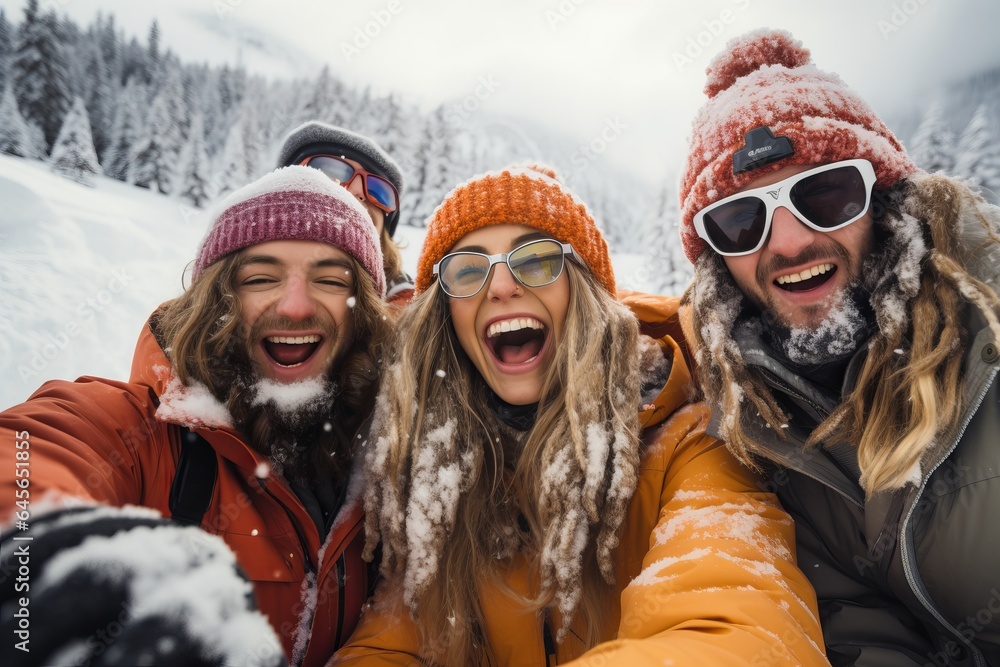 a group of young cheerful diverse men and women posing for a selfie photo on the ski or snowboard vacation in the mountains, having much fun in the snowy terrain