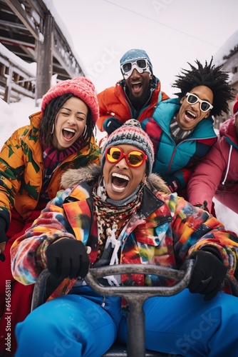 a group of young cheerful diverse men and women posing for a selfie photo on the ski or snowboard vacation in the mountains, having much fun in the snowy terrain
