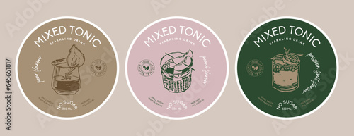 Vector round packaging label design template collection with beverage illustrations