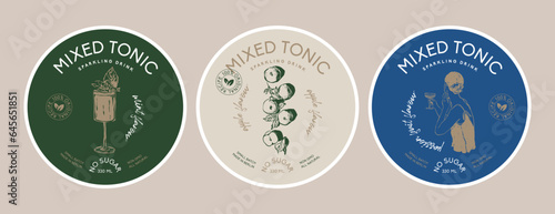 Vector round packaging label design template collection with food and beverages illustrations