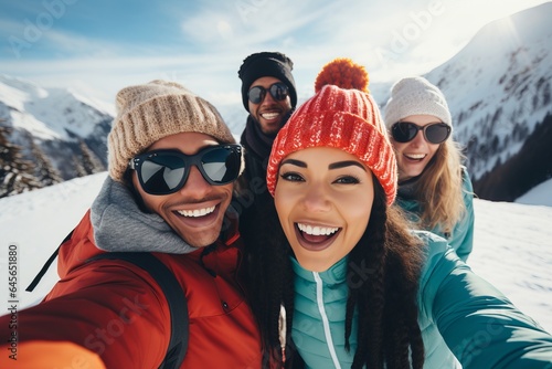 a group of young cheerful diverse men and women posing for a selfie photo on the ski or snowboard vacation in the mountains, having much fun in the snowy terrain