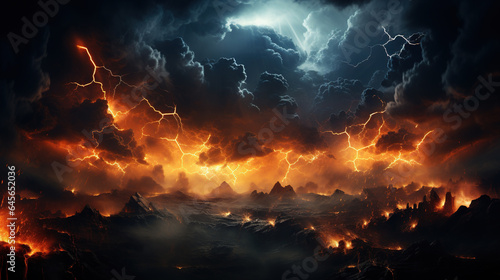 Powerful Lightning Strikes Against the Dark Cloudy Sky Thunder Storm