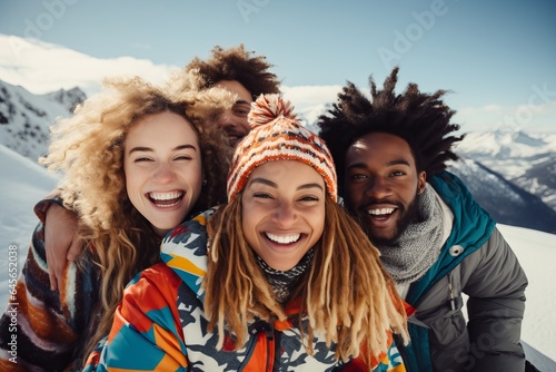 a group of young cheerful diverse men and women posing for a selfie photo on the ski or snowboard vacation in the mountains, having much fun in the snowy terrain © Romana