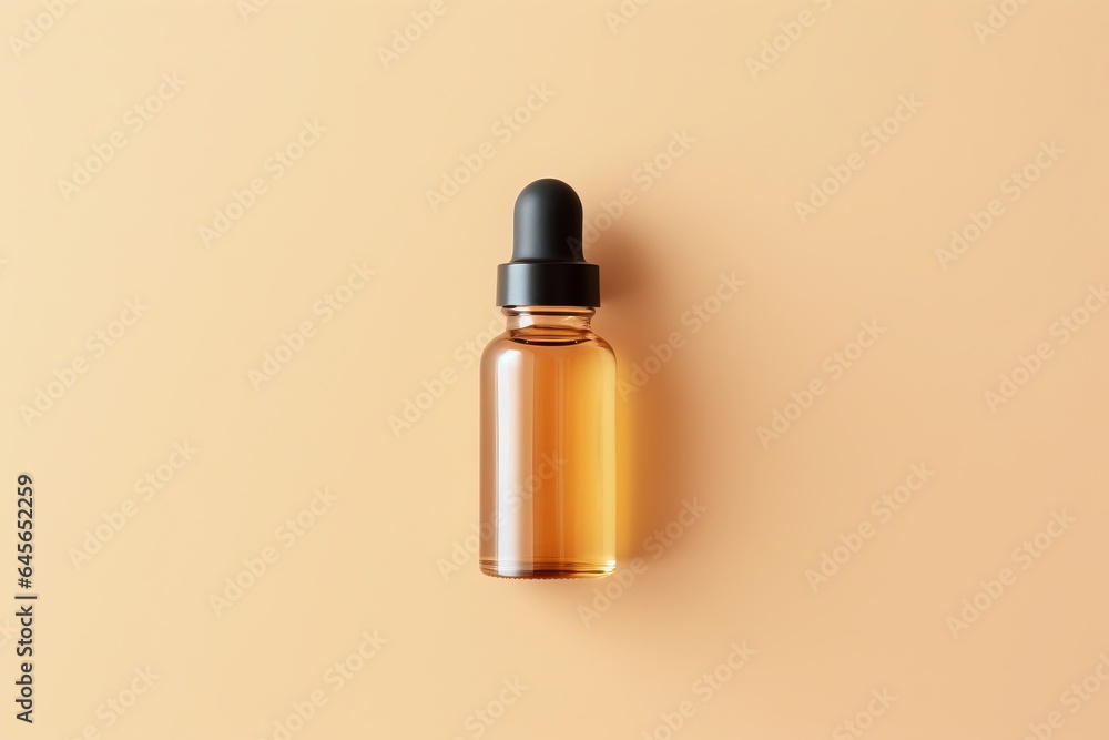 mock-up of brown cosmetics bottle with dispenser for essential oil or perfume, bottle with pipette on beige colored background, aromatherapy, top view mock-up of brown cosmetics bottle with dispenser for essential oil or perfume, bottle with pipette on beige colored background, aromatherapy, top view