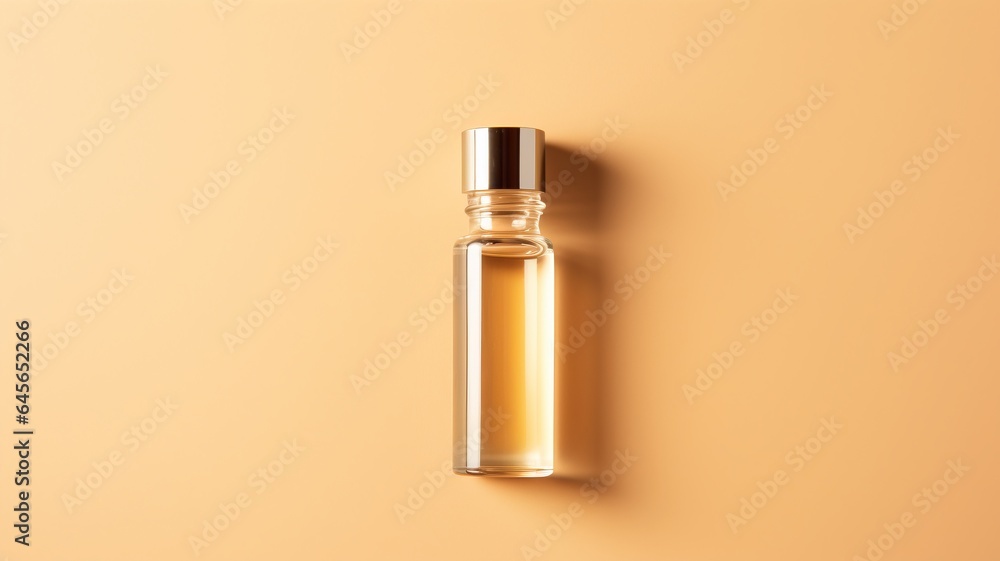 mock-up of brown cosmetics bottle with dispenser for essential oil or perfume, bottle with pipette on beige colored background, aromatherapy, top view mock-up of brown cosmetics bottle with dispenser for essential oil or perfume, bottle with pipette on beige colored background, aromatherapy, top view