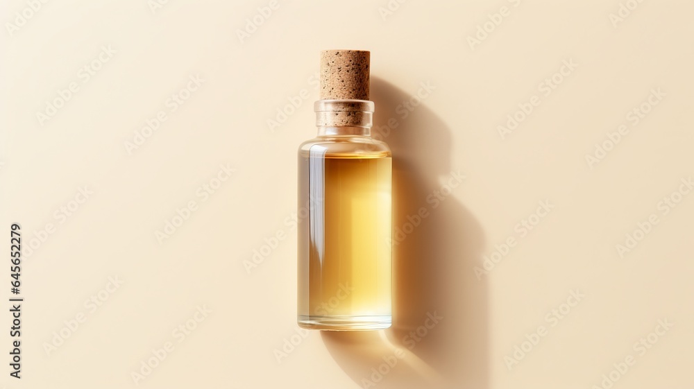 mock-up of brown cosmetics bottle with dispenser for essential oil or perfume, bottle with pipette on beige colored background, aromatherapy, top view