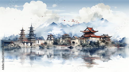 Ancient Architecture Style of Chinese City with Lake and Bridge White Background As Sketch Painting