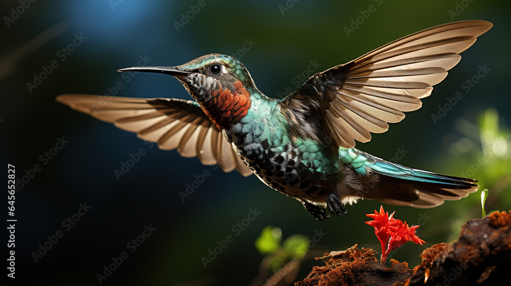 Fototapeta premium Exotic Colorful Colibri Humming Bird Mid Flight on a Flower Tree Selective Focus