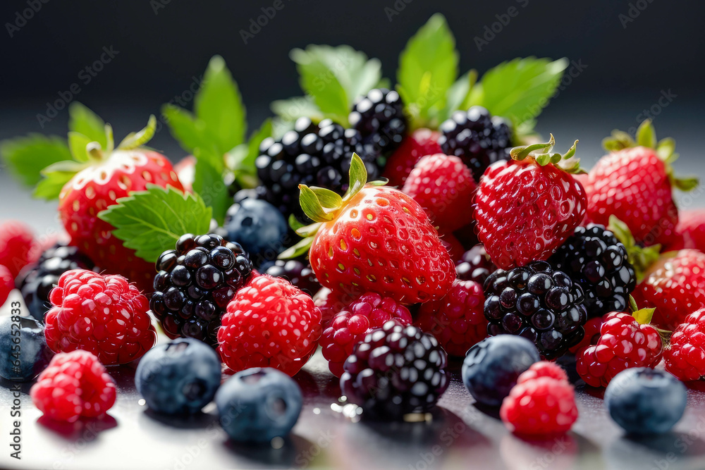 Close-up view of mixed, assorted berries blackberry, strawberry, blueberry, raspberry with green leave Close-up view of mixed, assorted berries blackberry, strawberry, blueberry, raspberry with green leave