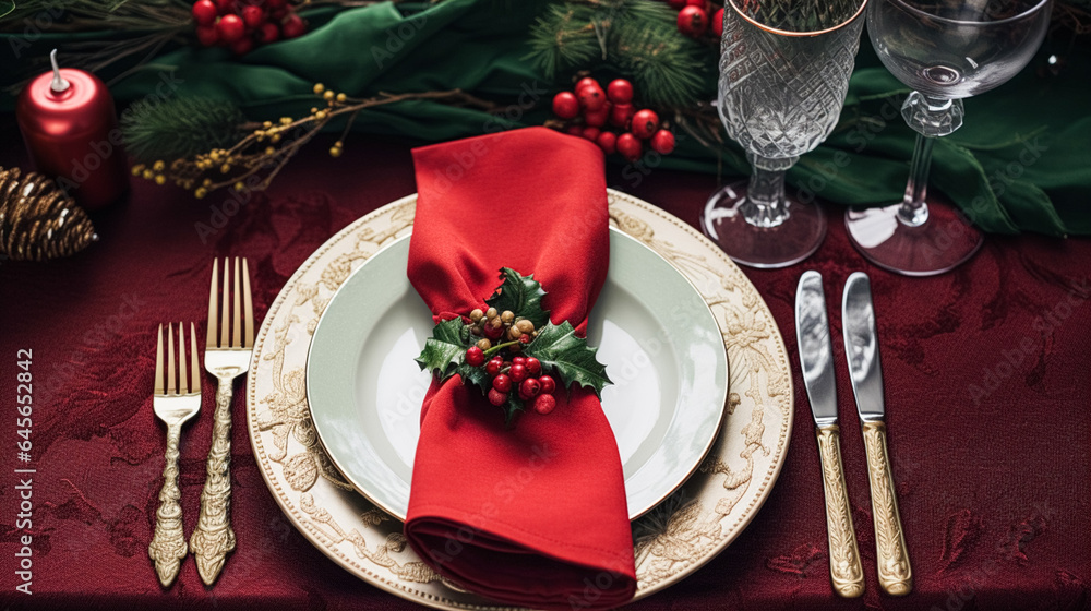 Holiday table decor, Christmas holidays celebration, tablescape and dinner table setting, English country decoration and home styling Holiday table decor, Christmas holidays celebration, tablescape and dinner table setting, English country decoration and home styling