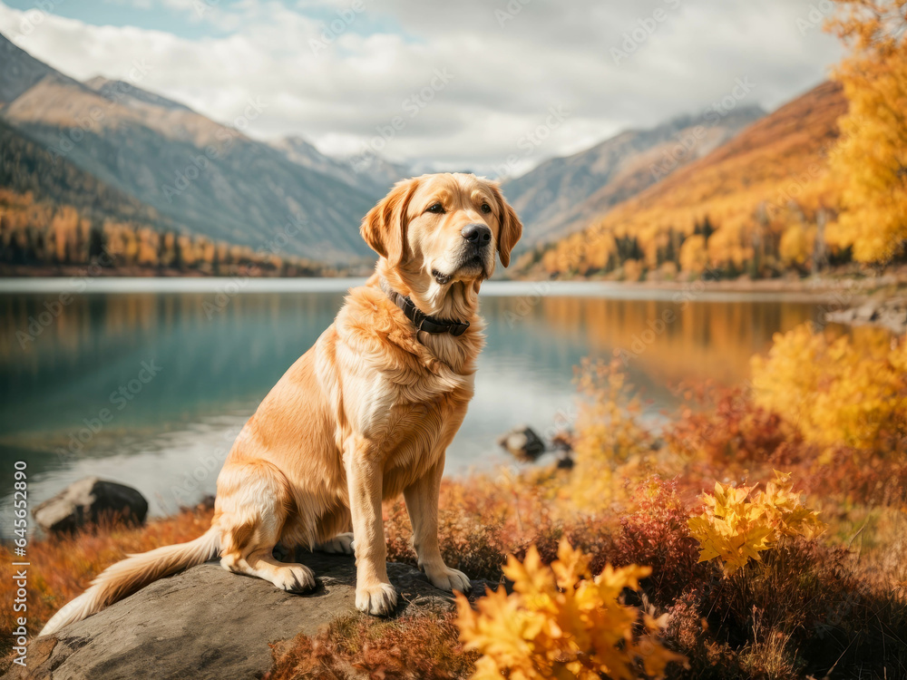golden Labrador Retrievers dog on a background of a lake and mountains on an autumn day. space for text. copy space golden Labrador Retrievers dog on a background of a lake and mountains on an autumn day. space for text. copy space