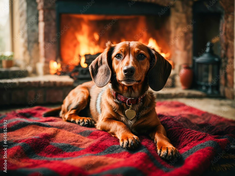 dachshund enjoys the warmth and comfort of a fireplace in the living room. the dog lies on the background of the fireplace
