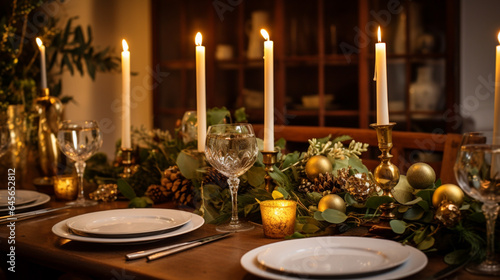 Holiday table decor, Christmas holidays celebration, tablescape and dinner table setting, English country decoration and home styling © Anneleven