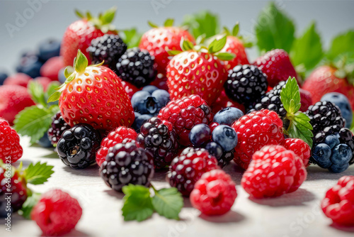 Close-up view of mixed, assorted berries blackberry, strawberry, blueberry, raspberry with green leave