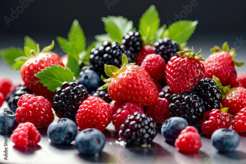 Close-up view of mixed, assorted berries blackberry, strawberry, blueberry, raspberry with green leave