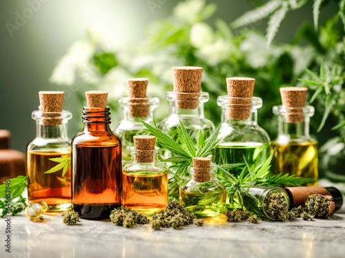 essential oil bottles with various aromatic plants.natural cosmetics for face and body.Spa concept. alternative medicine