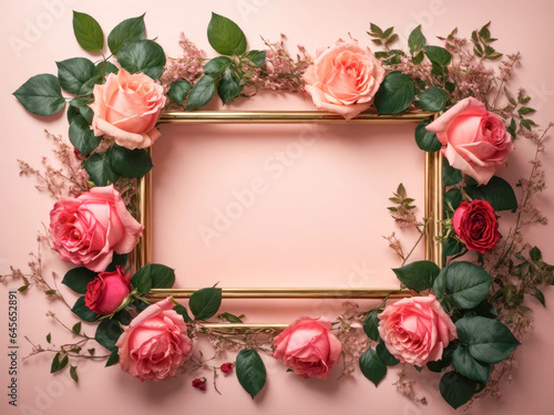Middle Rectangular Rose Flower Frame Surrounded With Twigs of Foliage