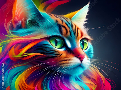 beautiful fantasy abstract portrait of a beautiful cat with a colorful digital paint splash or space nebula