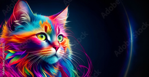 beautiful fantasy abstract portrait of a beautiful cat with a colorful digital paint splash or space nebula