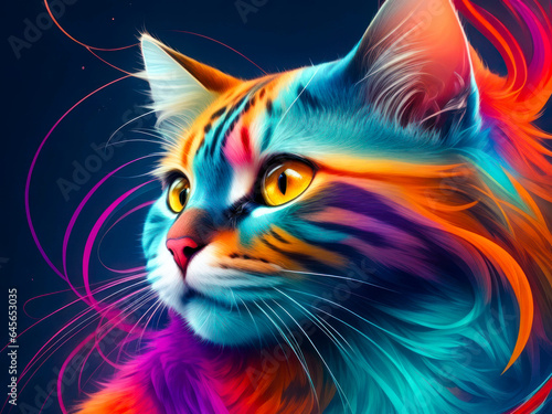 beautiful fantasy abstract portrait of a beautiful cat with a colorful digital paint splash or space nebula