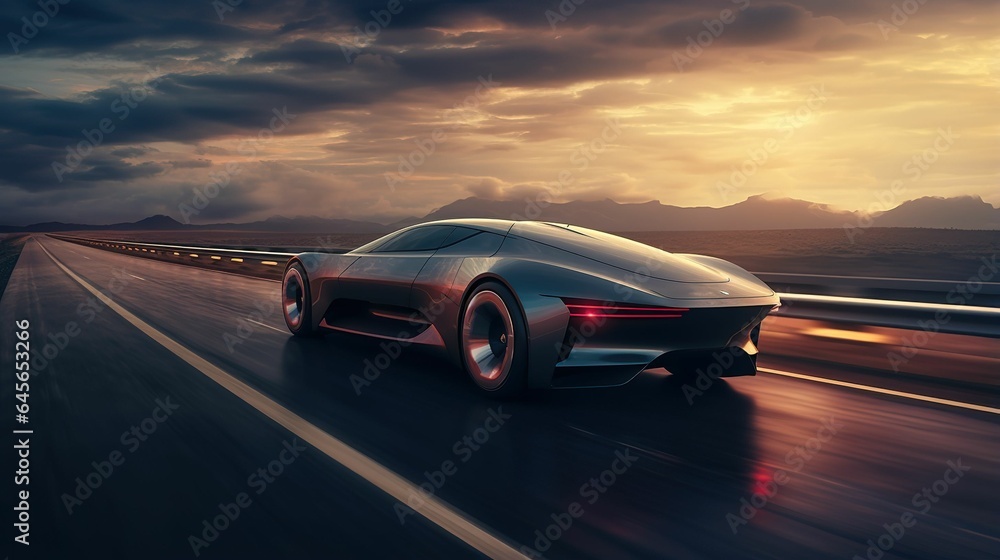 Surreal futuristic sports car, technological supercar at sunset, futuristic electric car