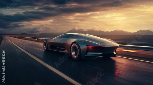 Surreal futuristic sports car, technological supercar at sunset, futuristic electric car © junjian Y