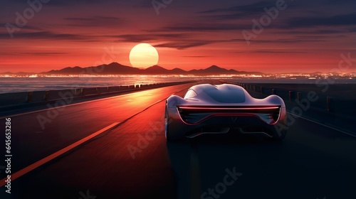 Surreal futuristic sports car, technological supercar at sunset, futuristic electric car