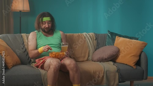 A plump middle-aged man sits on a couch in a room, happily eating chips and drinking beer. In the second shot, the man sits and looks at the camera. 2 in 1. Bodypositive. photo