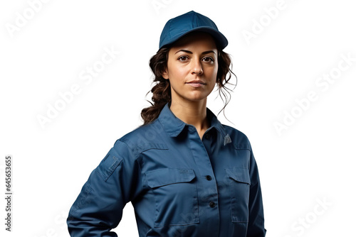 woman technician in work clothes with cap, png isolated on white transparent background