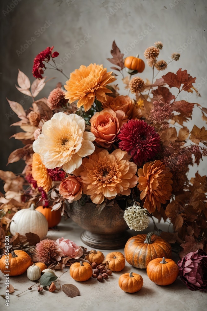 Autumn composition made of beautiful flowers. Floristic decoration. Natural floral background